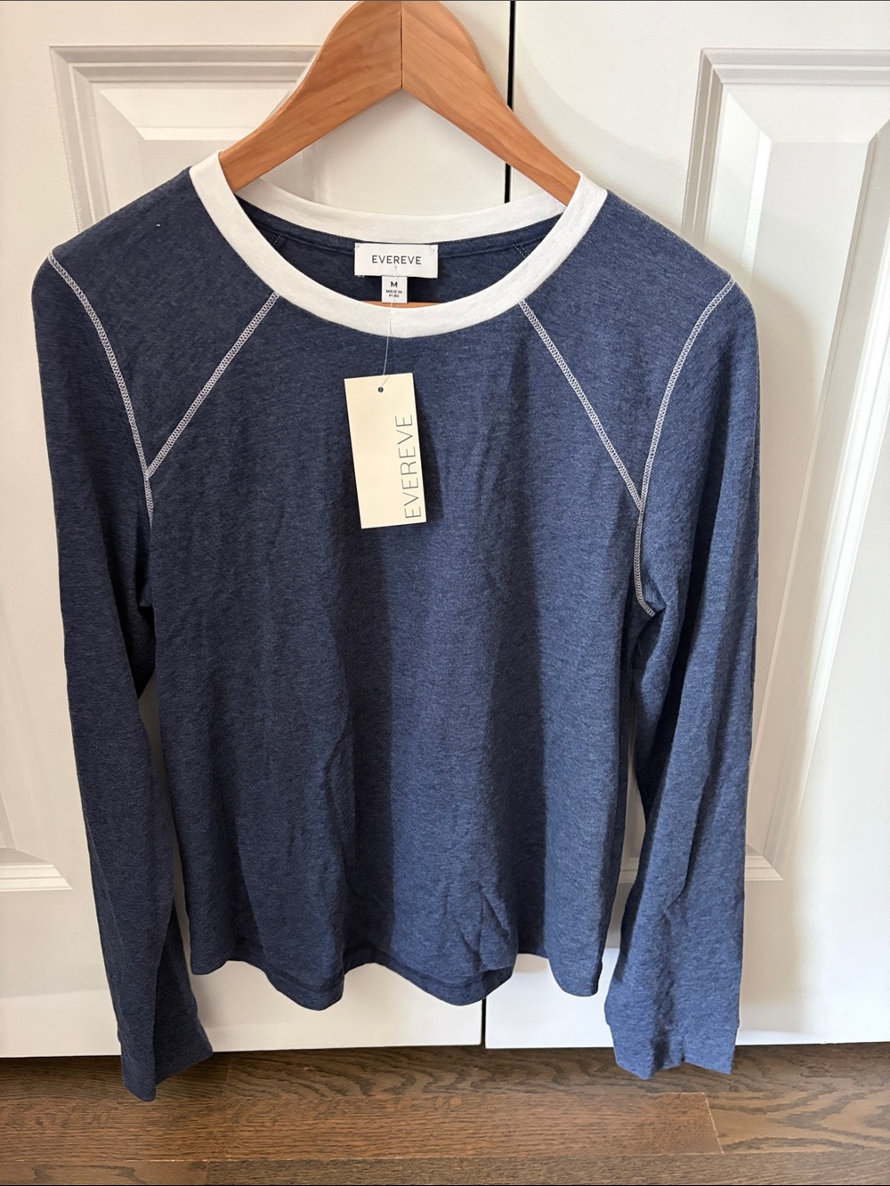 Evereve Navy Long-Sleeve Raglan Tee with White Trim